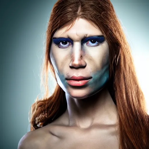 Prompt: portrait photo of a beautiful female Neanderthal cyborg