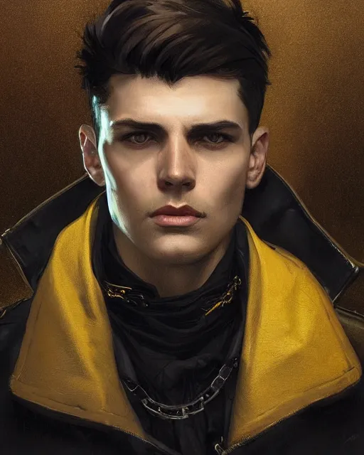 Prompt: '' Face portrait of a young handsome detective with a black leather coat, yellow eyes, neck chains, short hair , sci-fy, cyber punk, high detail, digital painting, artstation, concept art, sharp focus, illustration, art by greg rutkowski and alphonse mucha ''