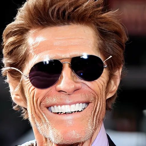 Prompt: willem dafoe smiling while looking in the window of a victoria's secret store