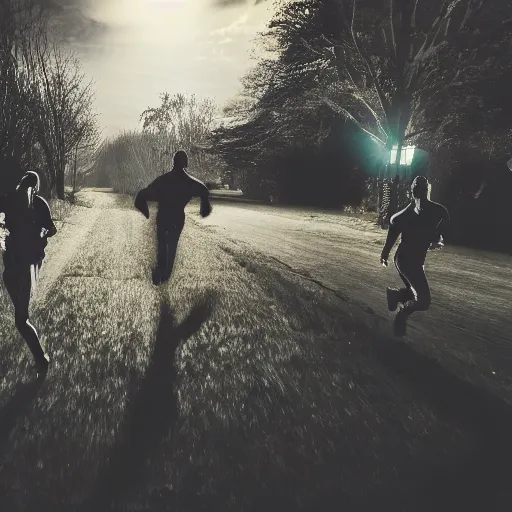 Prompt: cinematic lighting photograph of proffesional Ghost hunters running away from a person wearing a haloween ghost costume chasing them