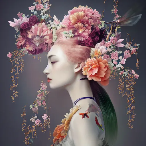 Image similar to 3 / 4 view of a beautiful girl wearing an origami dress, eye - level medium shot, fine floral ornaments in cloth and hair, hummingbirds, elegant, by eiko ishioka, givenchy, hsiao cheng, by peter mohrbacher, centered, fresh colors, origami, fashion, detailed illustration, vogue, japanese, reallusion character creator