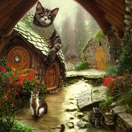 Prompt: cat in medieval hobbit house, ornate, beautiful, atmosphere, vibe, mist, smoke, fire, chimney, rain, wet, pristine, puddles, melting, dripping, snow, creek, lush, ice, bridge, forest, roses, flowers, by stanley artgerm lau, greg rutkowski, thomas kindkade, alphonse mucha, loish, norman rockwell