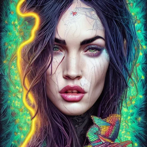 Image similar to portrait of megan fox, hyper detailed masterpiece, neon floral pattern, jean giraud, digital art painting, darkwave goth aesthetic, psychedelic, artgerm, donato giancola and tom bagshaw