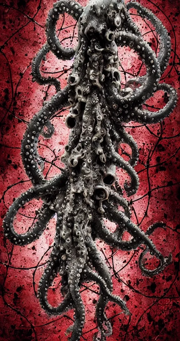 Image similar to very terrifying cenobite cephalopod Lovecraftian demon splattered with blood, long sharp teeth, full body portrait showing entire scary monster, barbed wire, neo-expressionistic, maximalist, horror monster masterpiece, trending on DeviantArt, 4K resolution, dark cinematic, hyperrealism, octane render, volumetric lighting, ultra-detailed, chiaroscuro, dark blue ocean background, deep underwater, in the style of Giger and Ralph Steadman and Da Vinci,