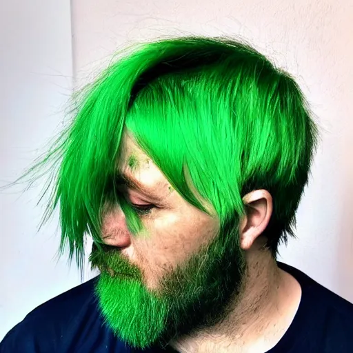 Image similar to a sad man with green hair