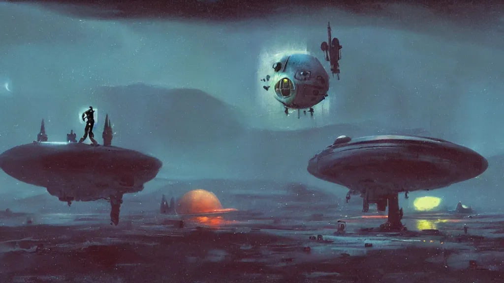 Image similar to eerie atmospheric alien planet with a small dropship pod landing by paul lehr and jack gaughan and john schoenherr, epic cinematic matte painting