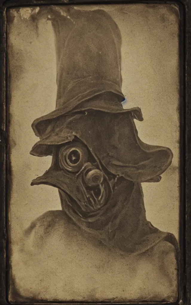 Image similar to portrait of an undead mutant plague doctor, daguerreotype, studio lighting, hyperrealistic, ultra detailed