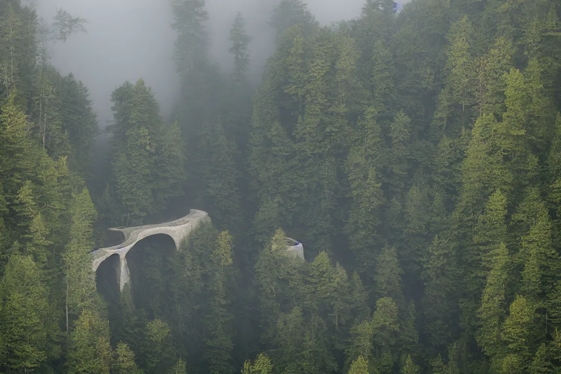 Image similar to Ellipse-shaped building with rounded windows, built on a large cliff near a coniferous forest. A thin stone bridge goes over the cliff. View from afar, fog, 8k, 16k, architecture photo, high details