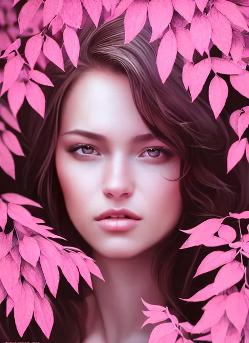 Image similar to photo of a gorgeous female in the style of stefan kostic, realistic, half body shot, sharp focus, 8 k high definition, insanely detailed, intricate, elegant, art by stanley lau and artgerm, extreme bokeh light pink foliage