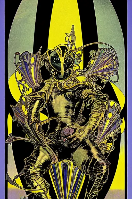 Image similar to black and yellow technicolor color risoprint, alphonse mucha, richard corben, wayne barlowe, moebius, heavy metal comic cover art, psychedelic triangular lich in heavy shoulders armor, very intricate, thick outline, full body, symmetrical face, long black crown, in a shapes background, galactic dark colors