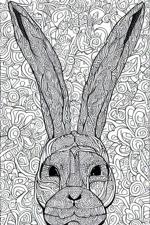 Image similar to bunny head, ornaments, ink drawing, line art colouring page