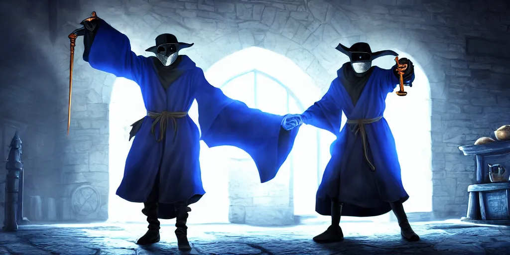 Image similar to action packed scene of a plague doctor in a blue wizard robe who is casting a spell that is coming from his hands he is in an alchemist lab, action pose, medium shot, waist up, digital art, photoreal, 4 k, unreal engine 5, anime, d & d design, gta cover art, comic book art