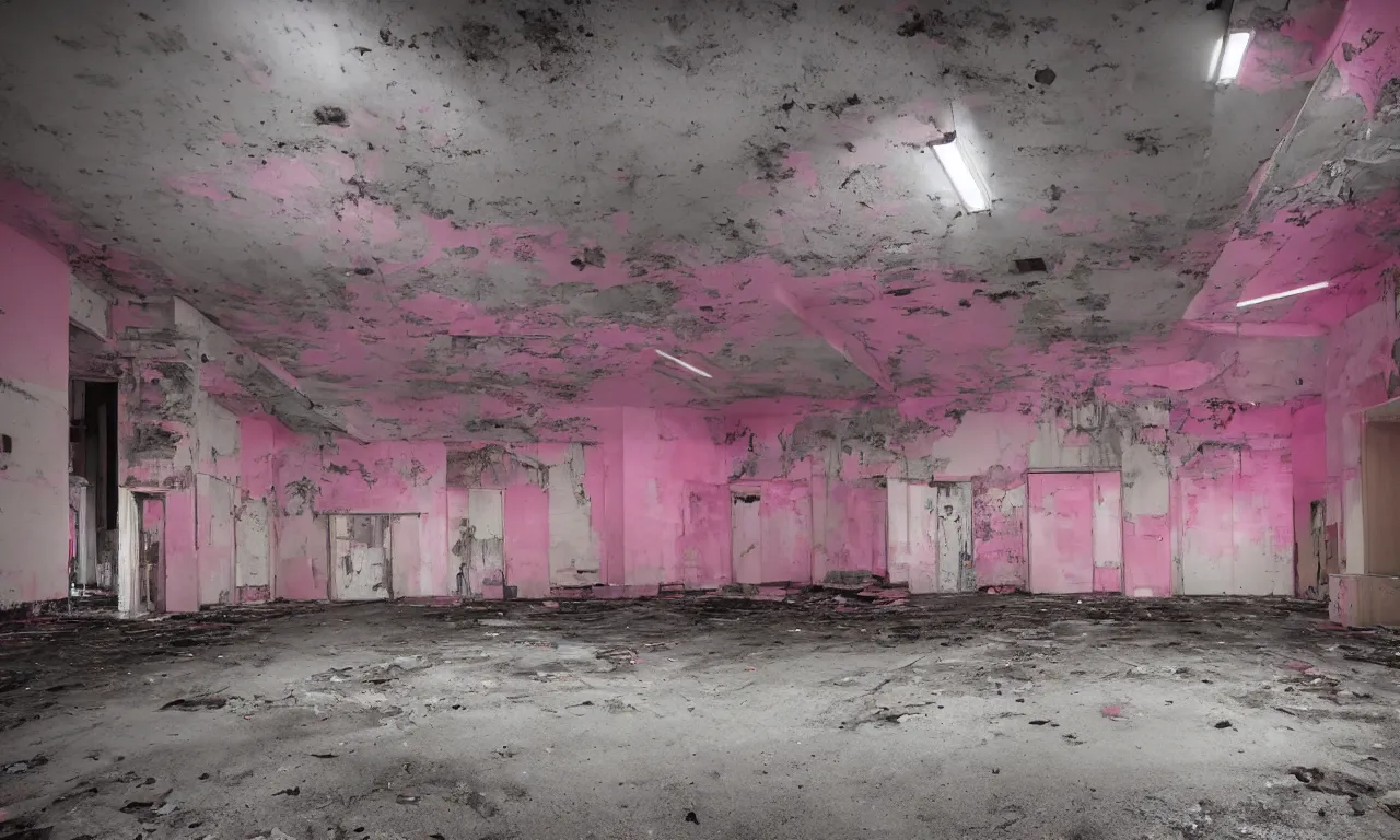 Prompt: backrooms abandoned mall, ominous neon pink lighting, moldy walls and shallow water, shadowy tall figures in the distance