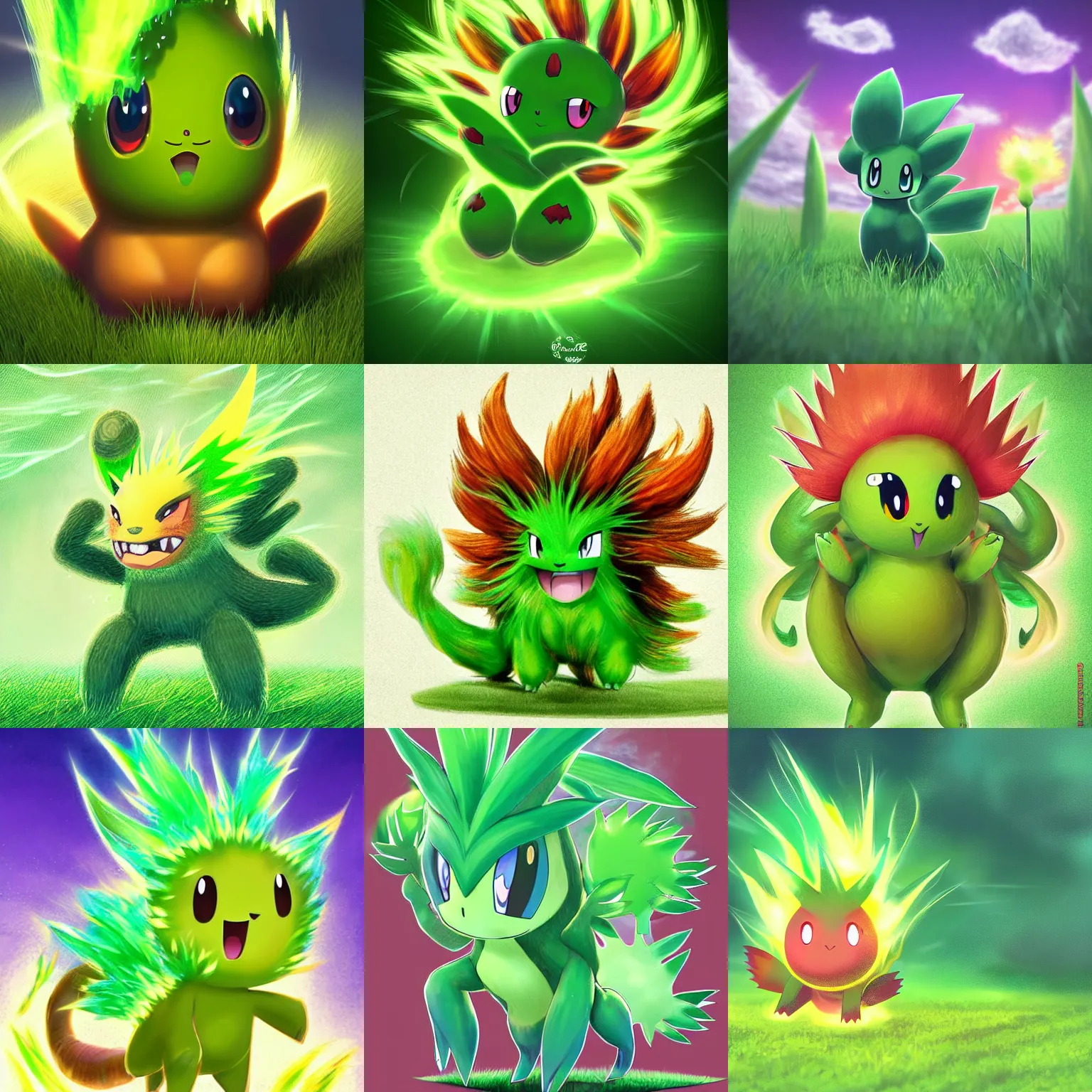 Prompt: a cute little grass type pokemon, green fire bursting out of his hair, highly detailed digital art, 3 d perspective, award - winning illustration, aesthetic, pokemon style
