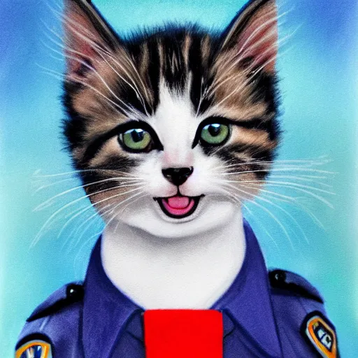 Image similar to a kitten with light blue cartoon eyes looking very happy with a cheeky grin, wearing a police uniform, portrait with pastel paints