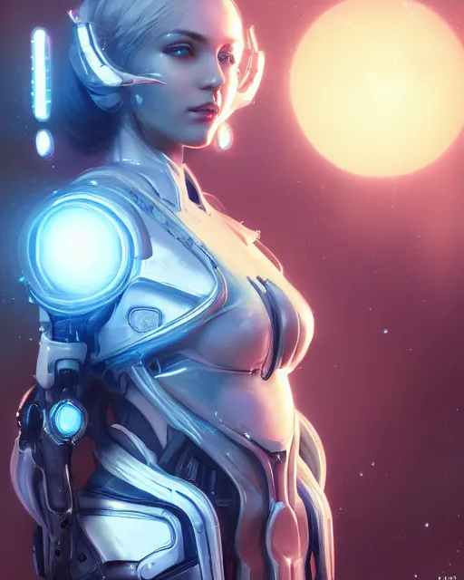 Image similar to perfect android girl on a mothership, warframe armor, beautiful face, scifi, futuristic, galaxy, nebula, raytracing, dreamy, long white hair, blue cyborg eyes, sharp focus, cinematic lighting, highly detailed, artstation, divine, by gauthier leblanc, kazuya takahashi, huifeng huang