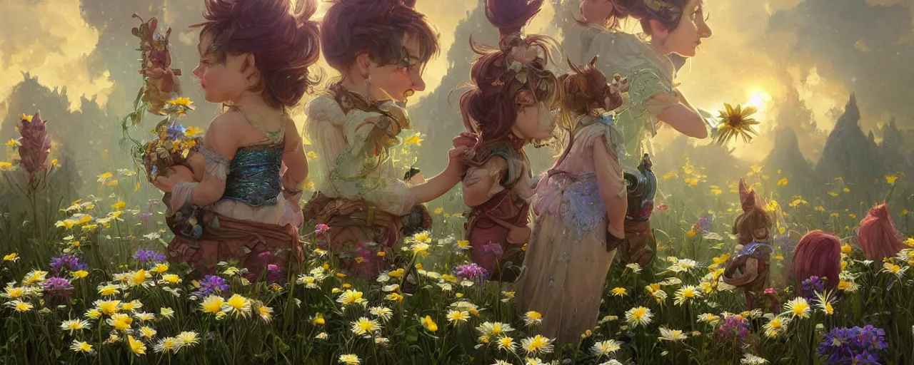 Prompt: a group of outrageous gnomes next to a giant daisy with sparkles, D&D, fantasy, intricate, cinematic lighting, highly detailed, digital painting, artstation, concept art, smooth, sharp focus, illustration, art by Artgerm and Greg Rutkowski and Alphonse Mucha
