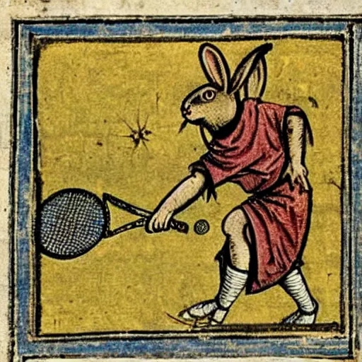 Prompt: a medieval book illustration of a rabbit playing tennis