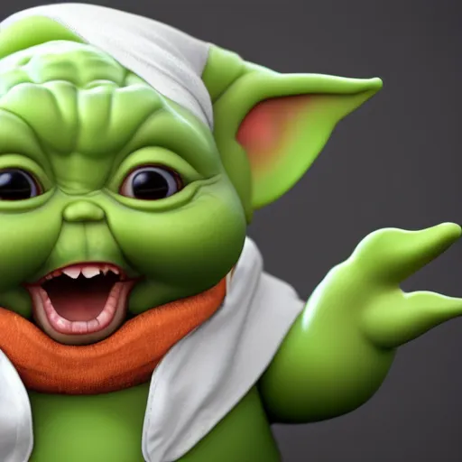 Image similar to curious mouth agape innocent tiny overweight chubby baby yoda as chef wearing white chefs hat and white apron, offering a plate of food, vegetables, photography, hyperrealism, unreal engine, octane 3 d render, houdini, unity 3 d, highres, adobe premier pro, trending on artstation, trending on deviantart, thisistheway