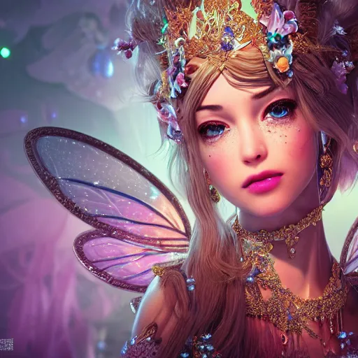 Image similar to portrait of fairy princess, glowing, ornate and intricate jewelry, jaw dropping beauty, glowing background lighting, white accent lighting, hyper detailed, fairy tale, 4 k octane render