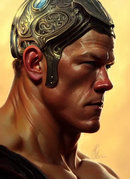 Image similar to Portrait of John Cena, D&D, muscular, fantasy, intricate, elegant, highly detailed, digital painting, artstation, concept art, smooth, sharp focus, illustration, art by artgerm and greg rutkowski and alphonse mucha