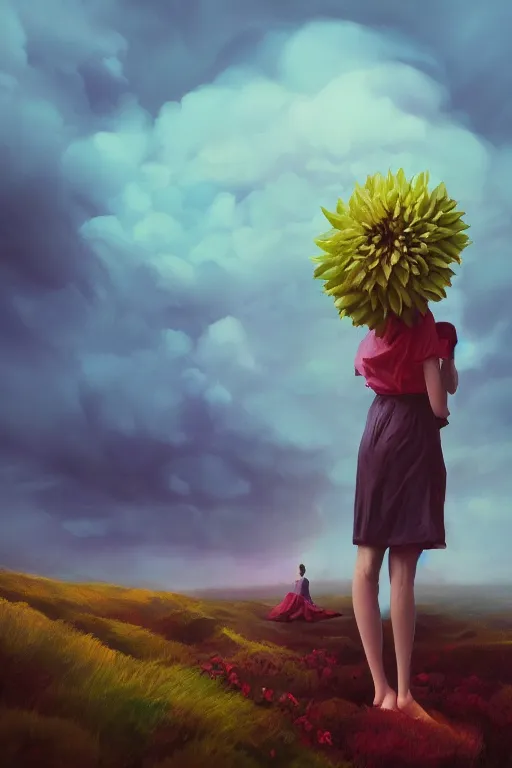 Image similar to closeup giant dahlia flower as head, girl standing on mountain, surreal photography, blue storm clouds, dramatic light, impressionist painting, digital painting, artstation, simon stalenhag