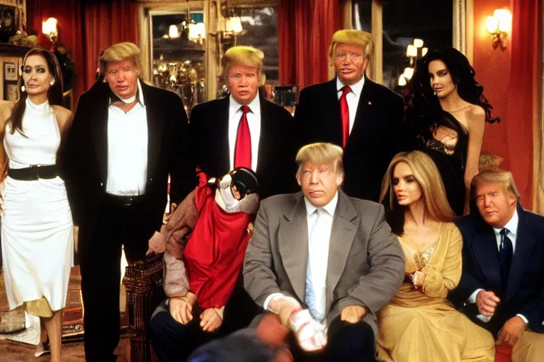 Image similar to Angelina Jolie, Boris Johnson, Mr T, Donald Trump, Wesley Snipes, best friends, on set of Friends TV show, still photo, hyperrealistic, 35mm, 8k, by weta digital