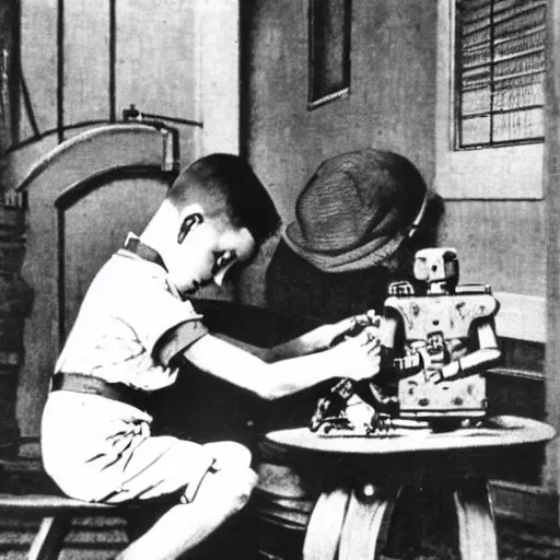 Image similar to a Norman Rockwell painting of a boy fixing his robot