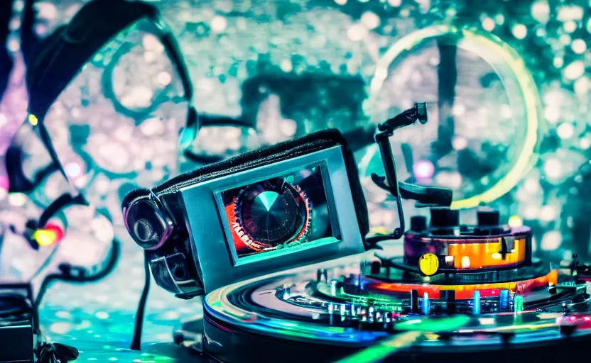 Prompt: a person wearing goggles and visor and headphones using a retro clockwork record player contraption, wires and tubes, turntablism dj scratching, intricate planetary gears, cinematic, imax, sharp focus, leds, bokeh, iridescent, black light, fog machine, hazy, lasers, hyper color digital art