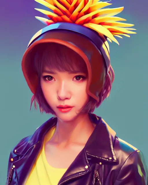 Image similar to pineapple girl wearing a candy hat and leather jacket, fine detail!! anime!! realistic shaded lighting!!, kim hyun joo, pixelated breath, digital painting by ilya kuvshinov, magali villeneuve, artgerm, jeremy lipkin and michael garmash and rob rey