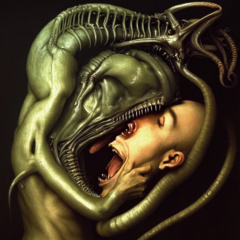 Image similar to portrait of a beautiful man kissing xenomorph by hieronymus bosch, soft bloom lucid dream - like ethereal dark atmosphere, baroque portrait painting, perfect composition, intricate detailed octane render trending on artstation, 8 k artistic photography, volumetric cinematic perfect light, chiaroscuro, masterpiece, raphael, caravaggio, rutkowski, beeple, beksinski