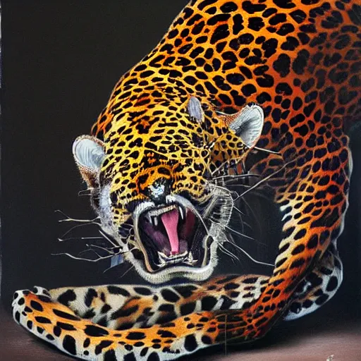 Image similar to an intricated and detailed painting of a shaman turning into a jaguar by salvador dali 4 k render