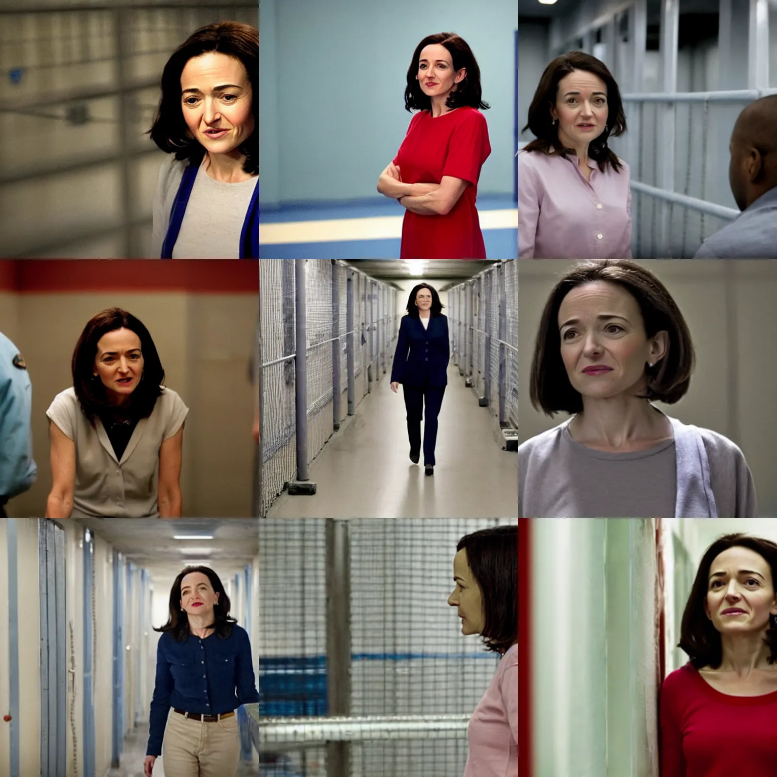 Prompt: Movie still of Sheryl Sandberg in Supermax prison in Facebook The Movie, directed by Steven Spielberg