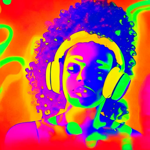 Prompt: crazy abstract full shot photo of a girl with curly hair in headphones sitting near the lake of musical notes, bleach bypass, futurism painting, night, glowing