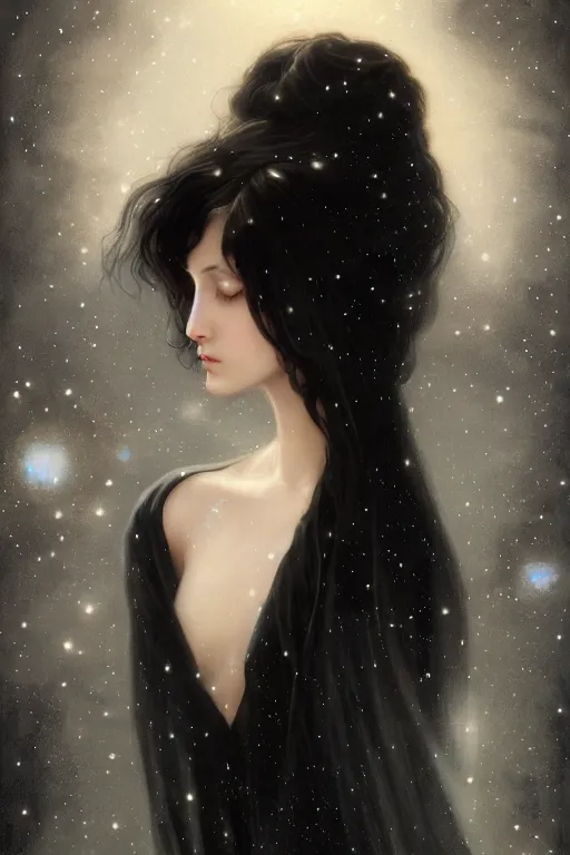 Image similar to Nocturne, glowing, stars, a long-legged elegant young princess, long black hair, pearl amulet, highly detailed, mysterious, ethereal, dressed in black velvet, haute couture, illustration, dramatic lighting, soft details, painting, by Edmund Blair Leighton, Brom, Charlie Bowater, trending on artstation, faces by otto schmidt