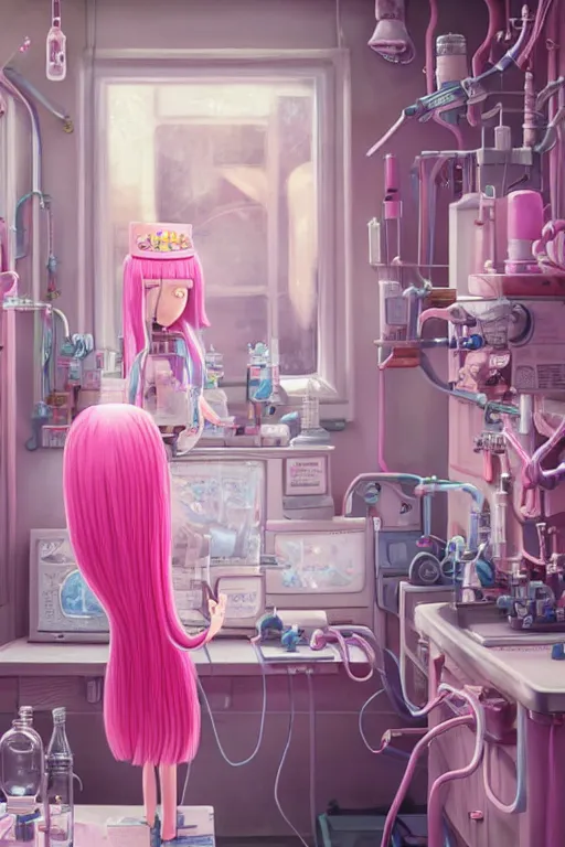 Image similar to highly detailed, industrial photography, profile photo of adult princess bubblegum from adventure time, detailed and intricate environment, working in her science lab, wearing lab coat, long bubblegum hair, long straight bangs, confident, beautiful, attractive, illustration concept art by nicoletta ceccoli, mark ryden, lostfish, 8 k resolution, hyperrealistic, octane render