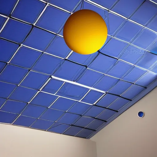 Prompt: solar system ceiling mobile hanging from a blue room as seen from a low perspective, phong shading