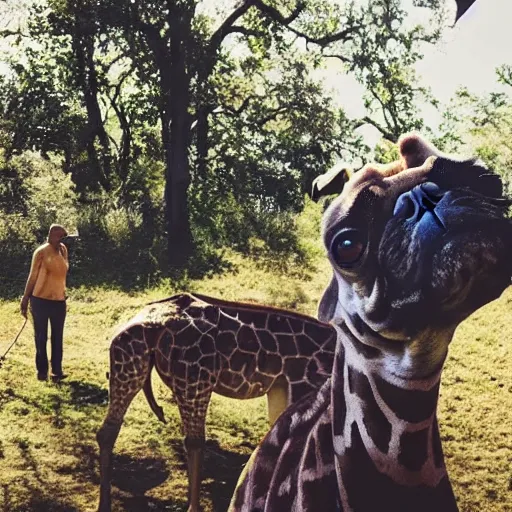 Image similar to a Giraffe-Pug Hybrid, A Giraffe that looks like a pug, huge tusks, afternoon hangout, good times photograph, candid