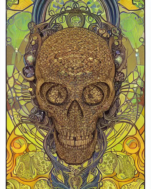 Image similar to Carved alien skull art surrounded by varities of corn, cell shading, voronoi, fibonacci sequence, sacred geometry by Alphonse Mucha, Moebius, hiroshi yoshida, Art Nouveau, colorful, ultradetailed, vivid colour, 3d