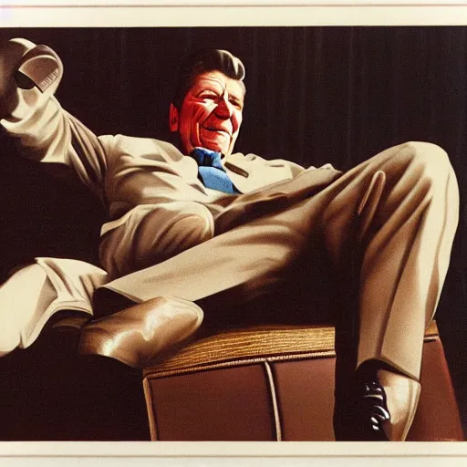 Prompt: [ ronald reagan sitting in chair... tiger lying at his feet ]