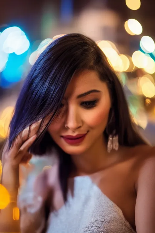 Prompt: 8 5 mm photography of close up of beautiful woman with dof and bokeh and vibrant colourful lights out of focus in the background, nighttime, highly detailed 8 k, sharp focus, intricate, lifelike, soft diffused light, nikon d 8 5 0,