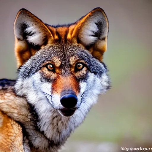 Image similar to professional photograph of a gray tawny red wolf, high quality, hd, 8 k, 4 k, magnificent, award - winning, nature, nature photography, awe - inspiring, highly detailed, amazing