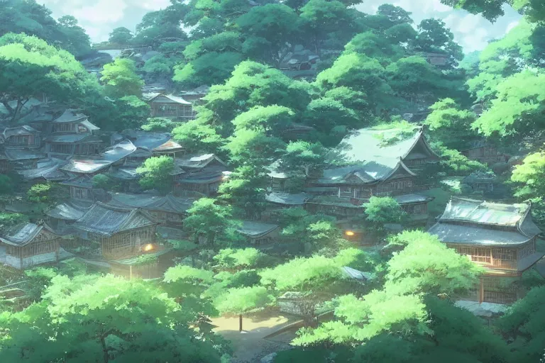 Image similar to a beautiful overgrown japanese village , wide shot, peaceful and serene, incredible perspective, anime scenery by Makoto Shinkai, very detailed