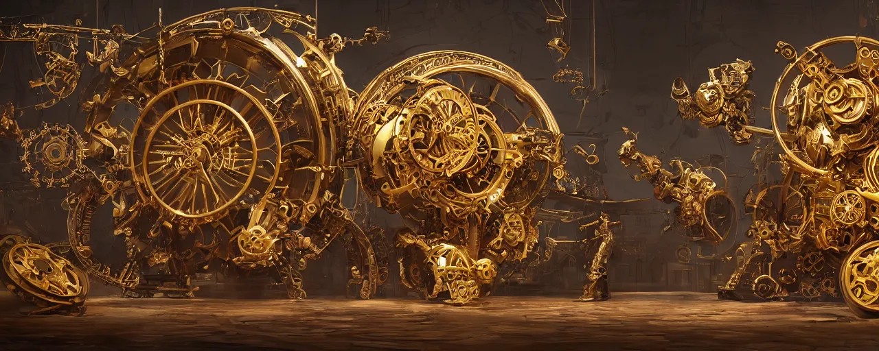 Image similar to dynamic composition, intricate golden clockwork robot pushing a giant wheel to power a machine, steampunk, art deco!, ornate gilded cosmic machine, in the style of simon lee and jama jurabaev, engraved, artgerm, wlop, featured on cgsociety, unreal engine, 8 k render, octane, raytracing, photorealistic