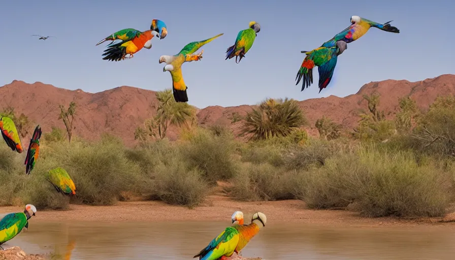 Prompt: a desert, river with low flying parrots, great photography, ambient light