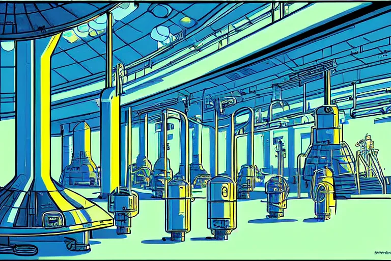 Image similar to a scifi illustration, factory interior. seen from ceiling, extreme angle. vats of fluid. flat colors, limited palette in FANTASTIC PLANET La planète sauvage animation by René Laloux