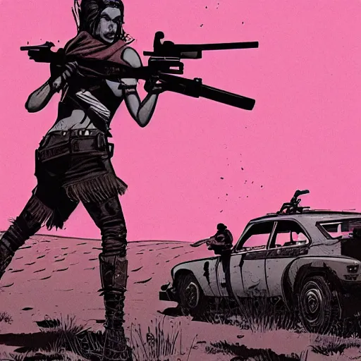 Prompt: a comic noir illustration of a wild western woman hunting in a post - apocalyptic desert, mad max, by queens of the stone age, by sachin teng, 8 k, hyperrealistic, high contrast, dark vibes, pastel lighting, depth of field