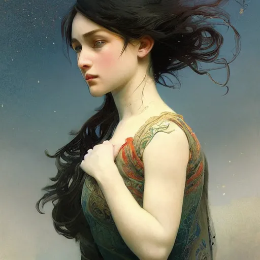 Image similar to I woke up in a world that had fragments of you. three-quarters portrait, intricate, elegant, sharp focus, illustration, highly detailed, digital painting, concept art, matte, by Aleksi Briclot and by Ivan Aivazovsky and by Alphonse Mucha, masterpiece