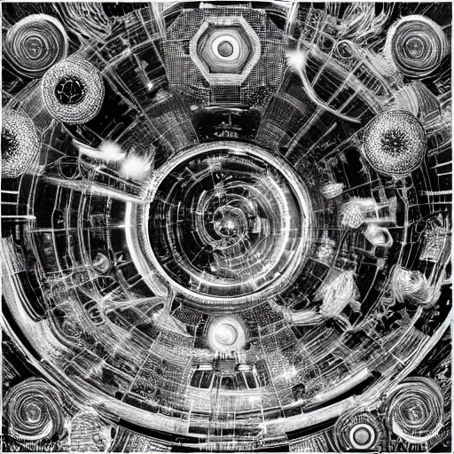 Image similar to a black and white drawing of a chrome space station filled with equipment, a microscopic photo by ernst haeckel, zbrush central, kinetic pointillism, bioluminescence, intricate patterns, photoillustration