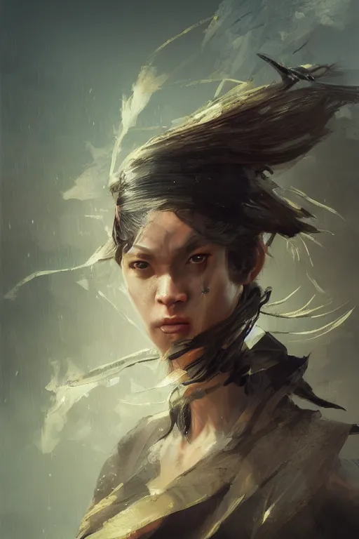 Image similar to powerfull and fierce ninja, close - up portrait, fierce, intricate, elegant, volumetric lighting, scenery, digital painting, highly detailed, artstation, sharp focus, illustration, concept art, ruan jia, steve mccurry